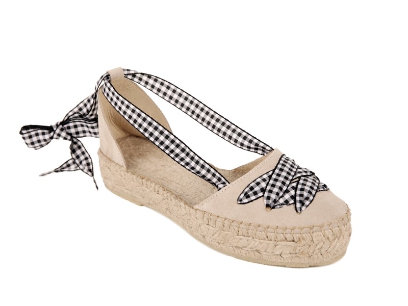 Alpargata plana de doble suela de serraje con cintas mujer